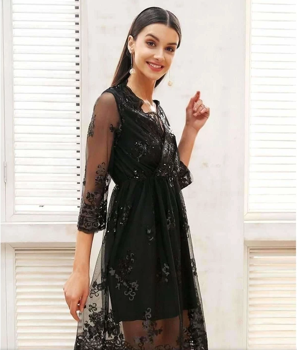V-neck Sequined Dress variant CJNSSYLY03134-Black-XL|CJNSSYLY03134-Black-XXL|CJNSSYLY03134-Black-L|CJNSSYLY03134-Black-M|CJNSSYLY03134-Black-S