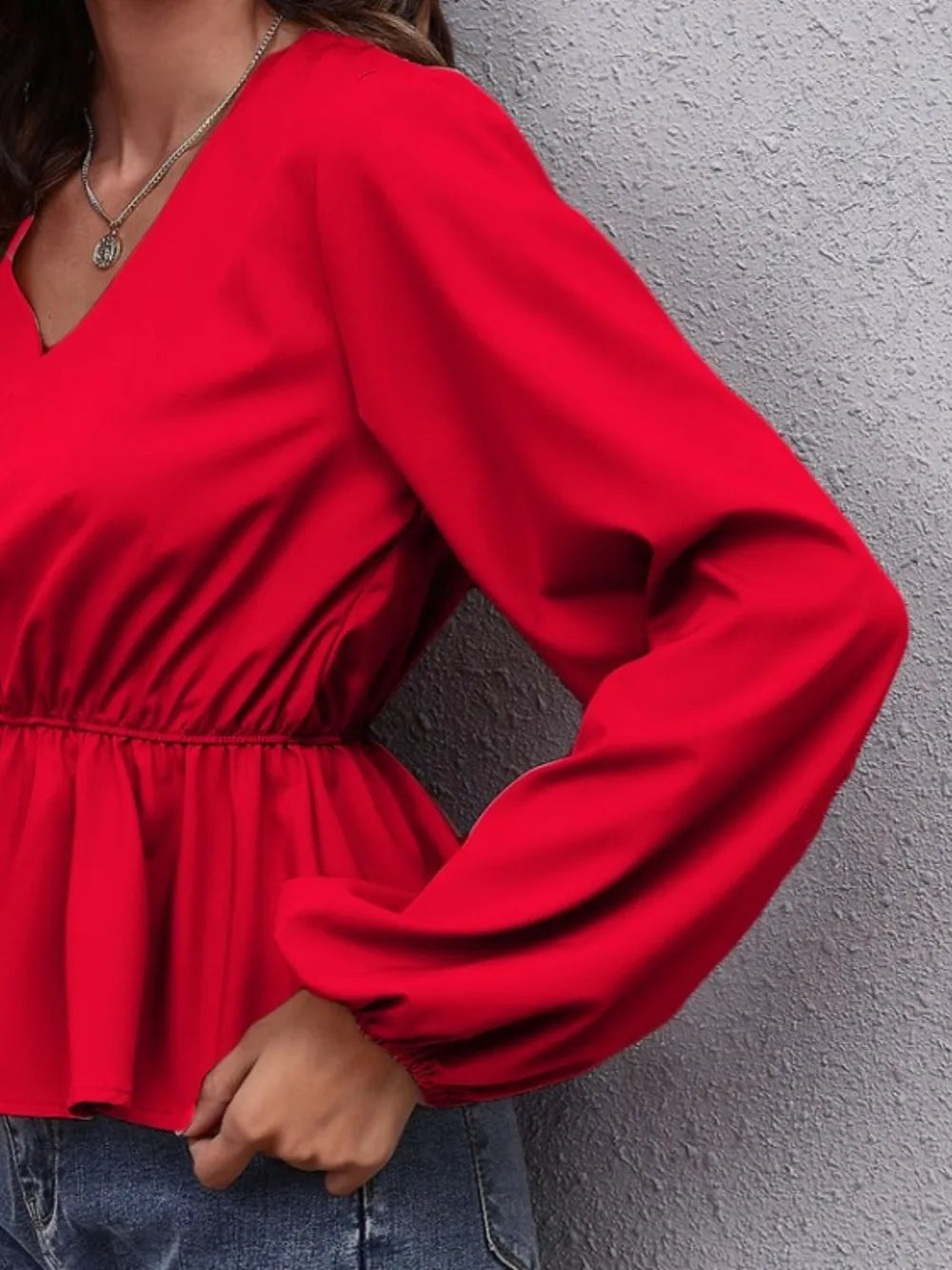 V-neck Balloon Sleeve Peplum Blouse (14)