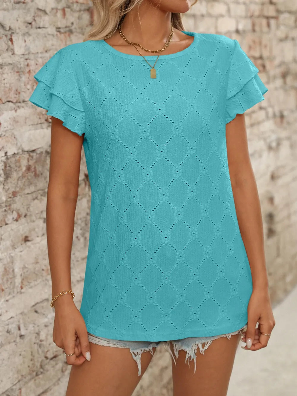 Eyelet Round Neck Double Layered Ruffled Short Sleeve Top (3)