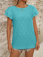 Eyelet Round Neck Double Layered Ruffled Short Sleeve Top (3)