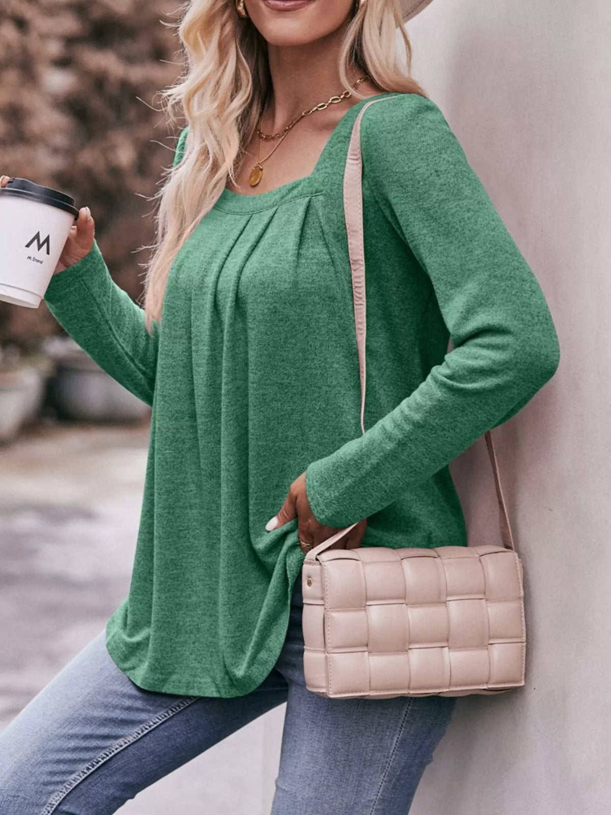 Pleated Square Neck Long Sleeve T-shirt (19)