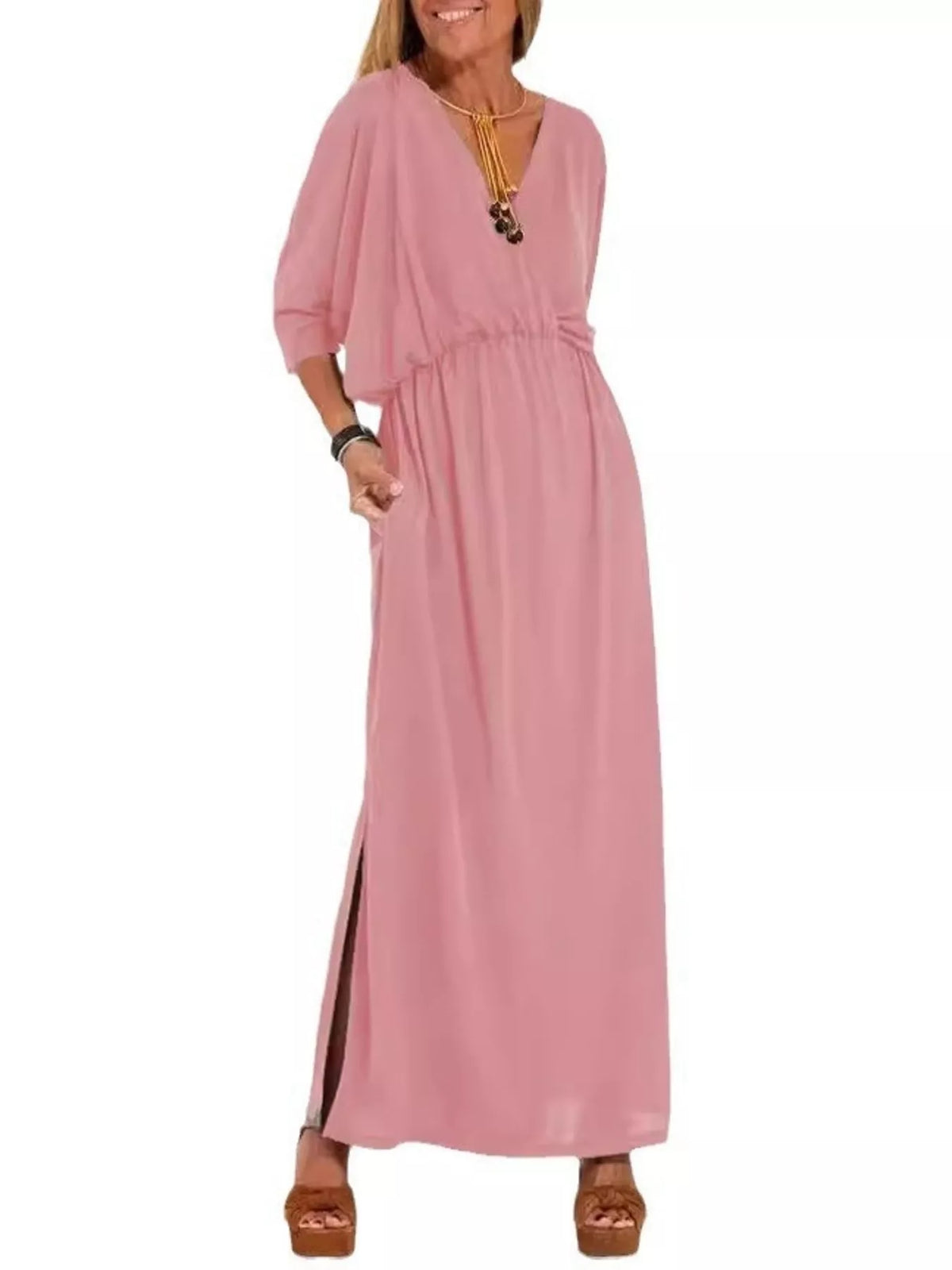 Full Size V-neck Batwing Sleeve Maxi Dress Side Slits Plus (16)