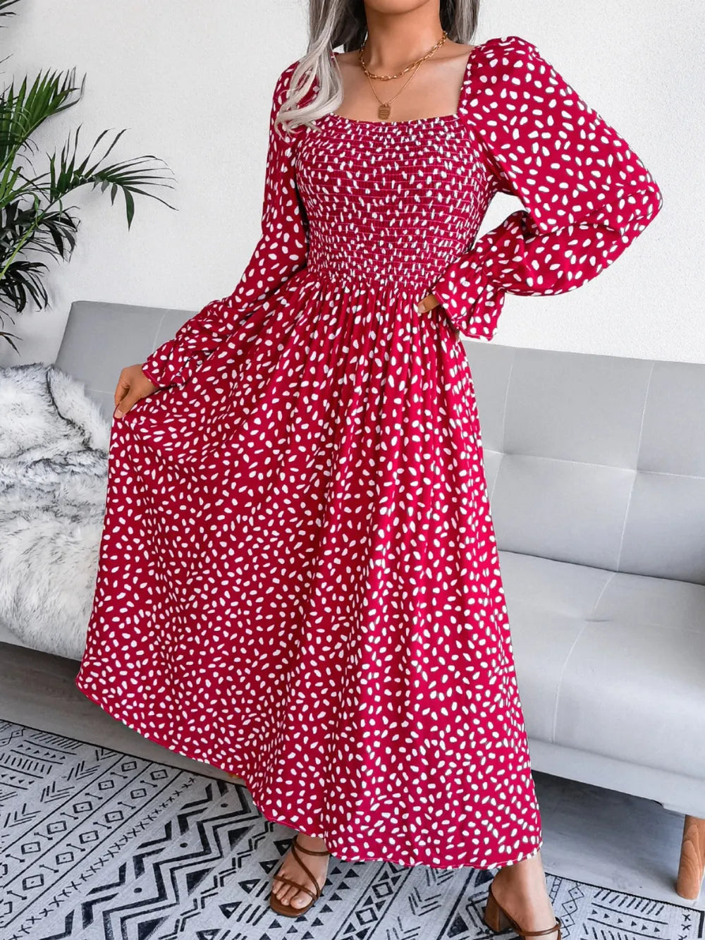 Smocked Square Neck Flounce Sleeve Dress (8)