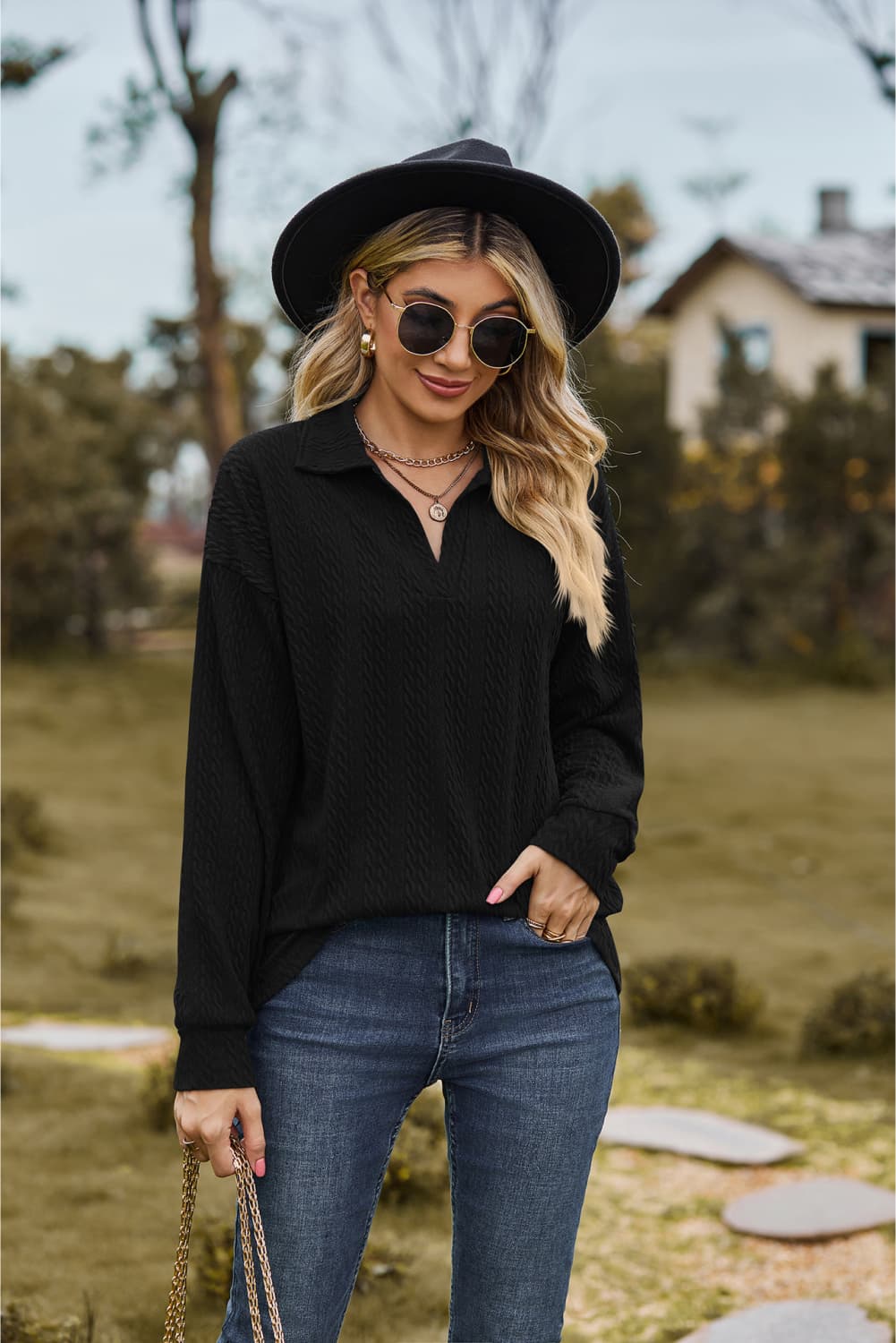 Collared Neck Cable-knit Long Sleeve Blouse (20)