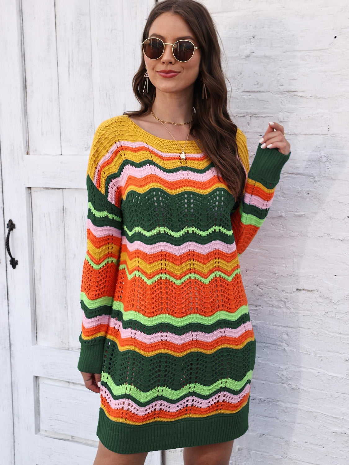 Openwork Round Neck Sweater Dress (7)
