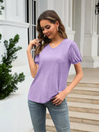 Eyelet Round Neck Short Sleeve Blouse (19)