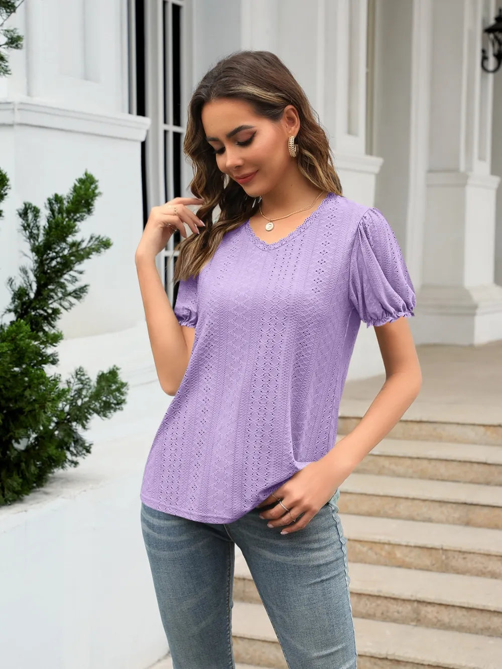Eyelet Round Neck Short Sleeve Blouse (19)