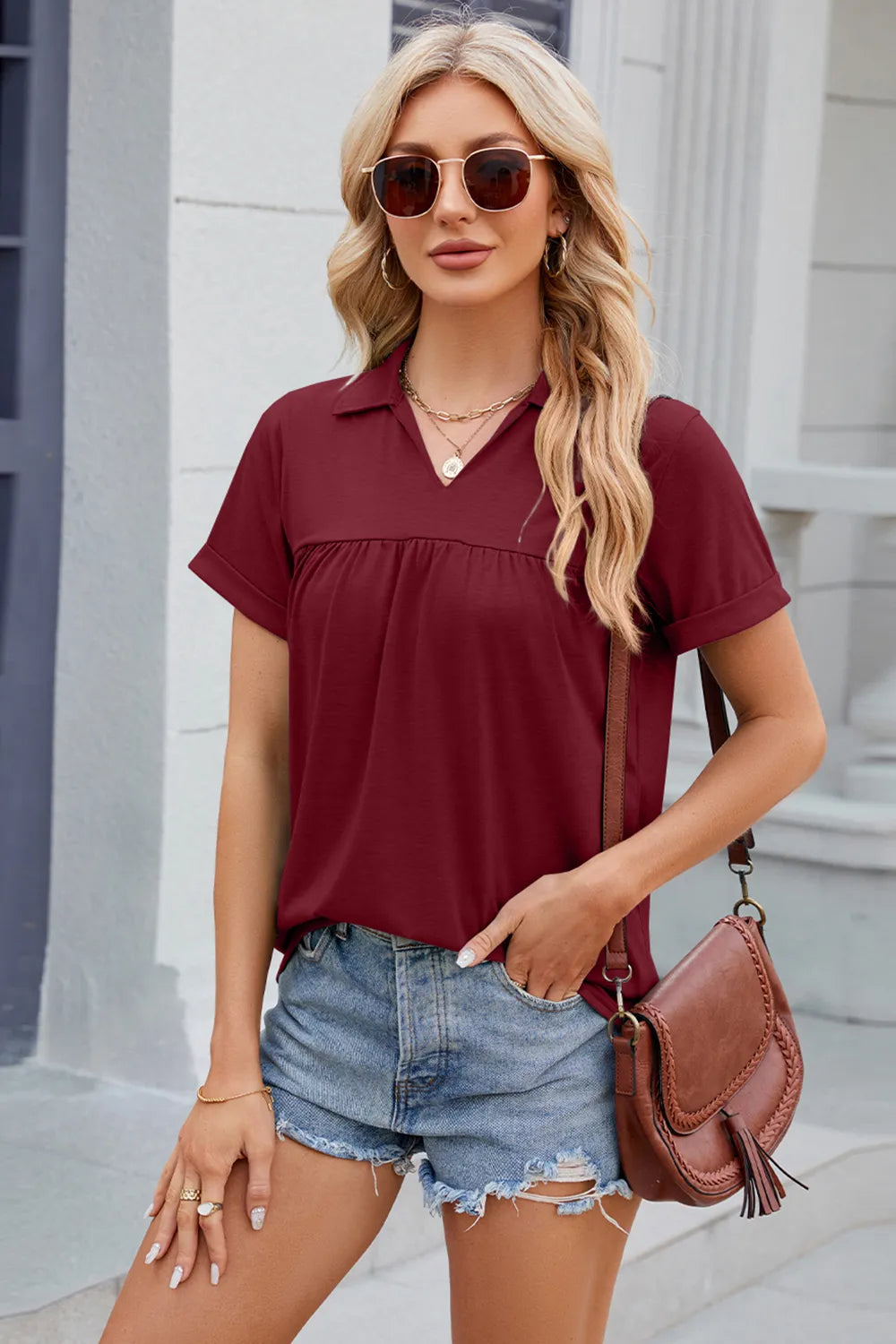 Ruched Johnny Collar Short Sleeve Blouse (4)