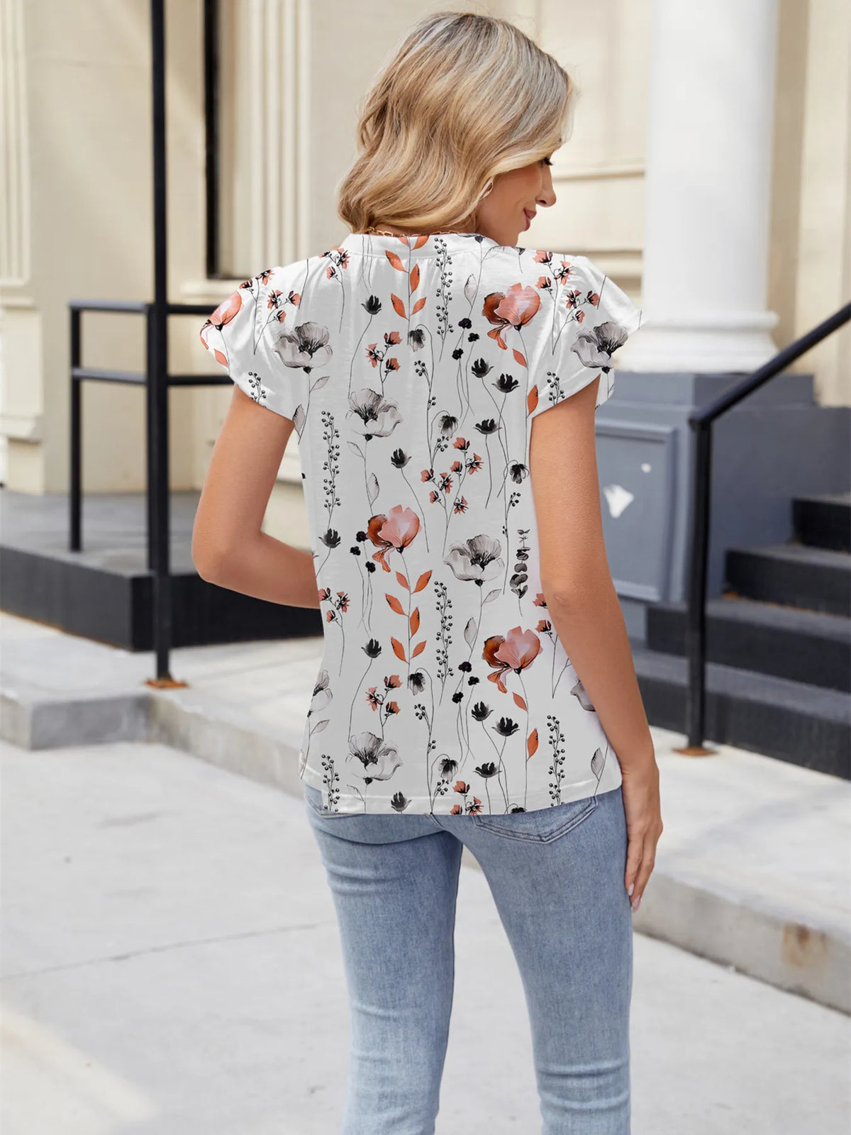 Floral Print V-neck Cap Sleeve Casual Summer Blouse (11)