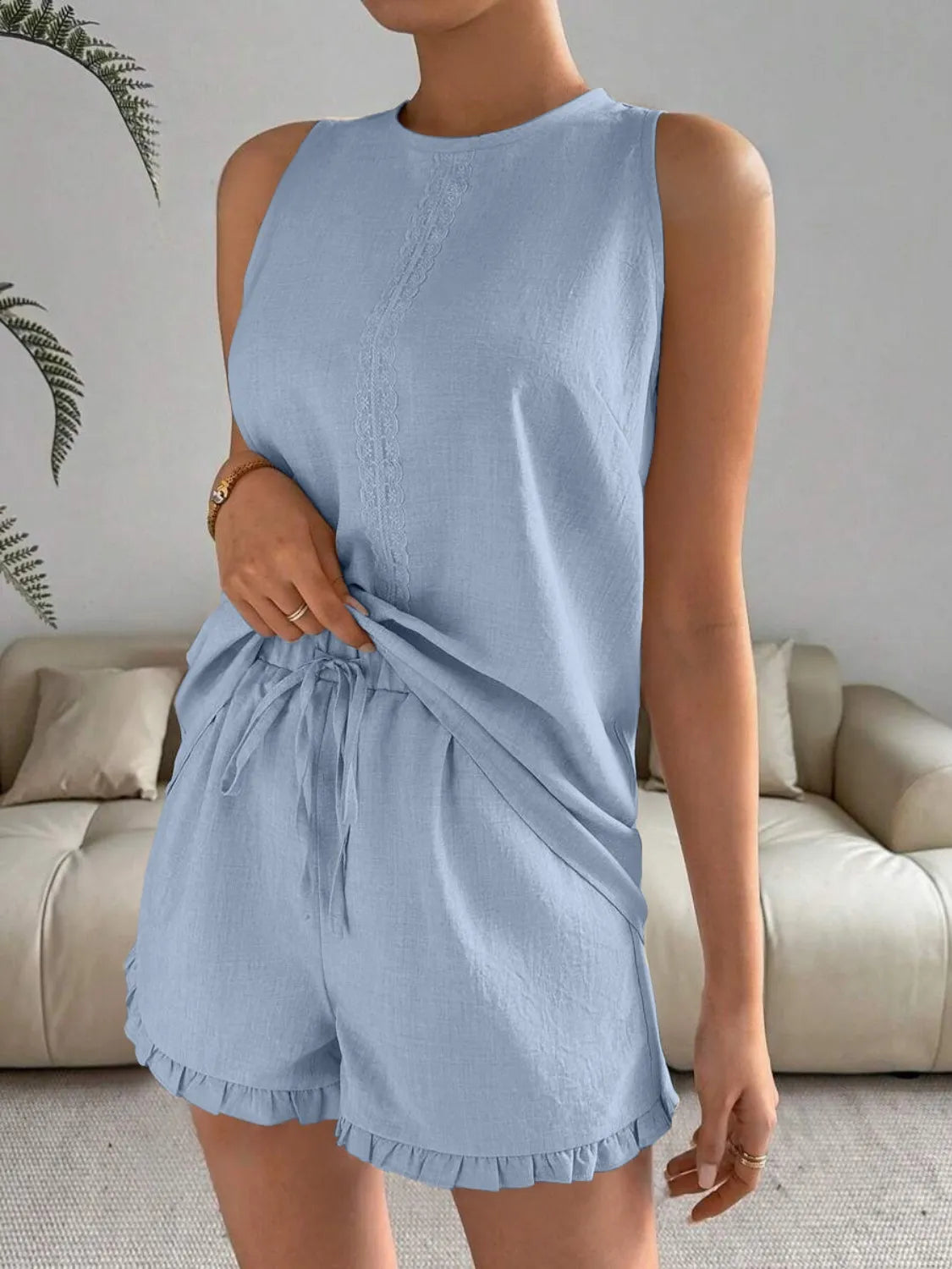 Lace Detail Round Neck Tank Shorts Set (7)