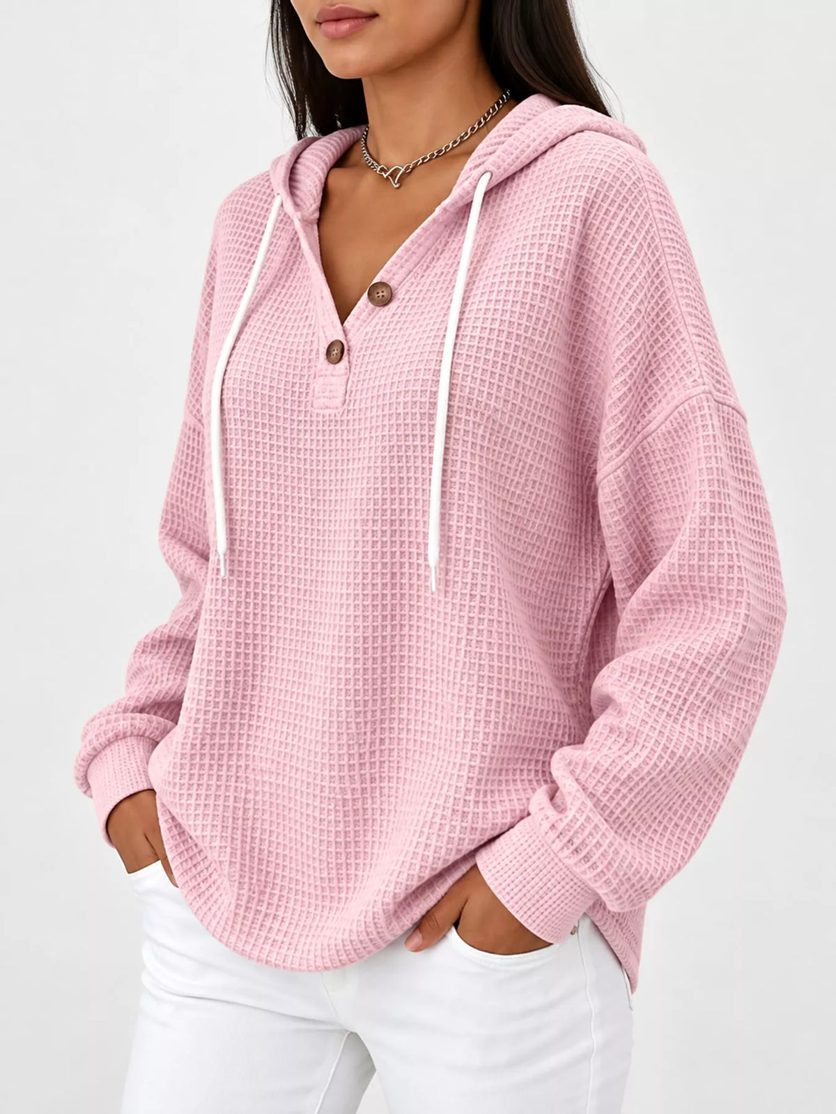 Full Size Waffle Knit Button Detail Hoodie Plus (16)
