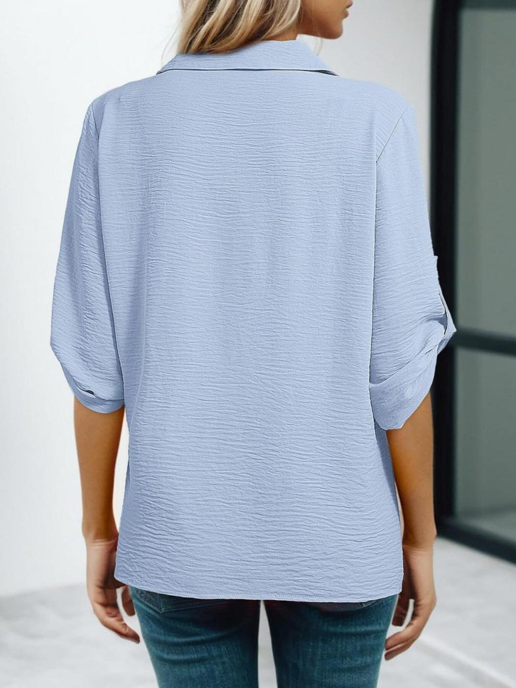 Johnny Collar Roll-up Sleeve Blouse (5)