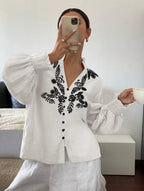 Embroidered Notched Long Sleeve Blouse (3)