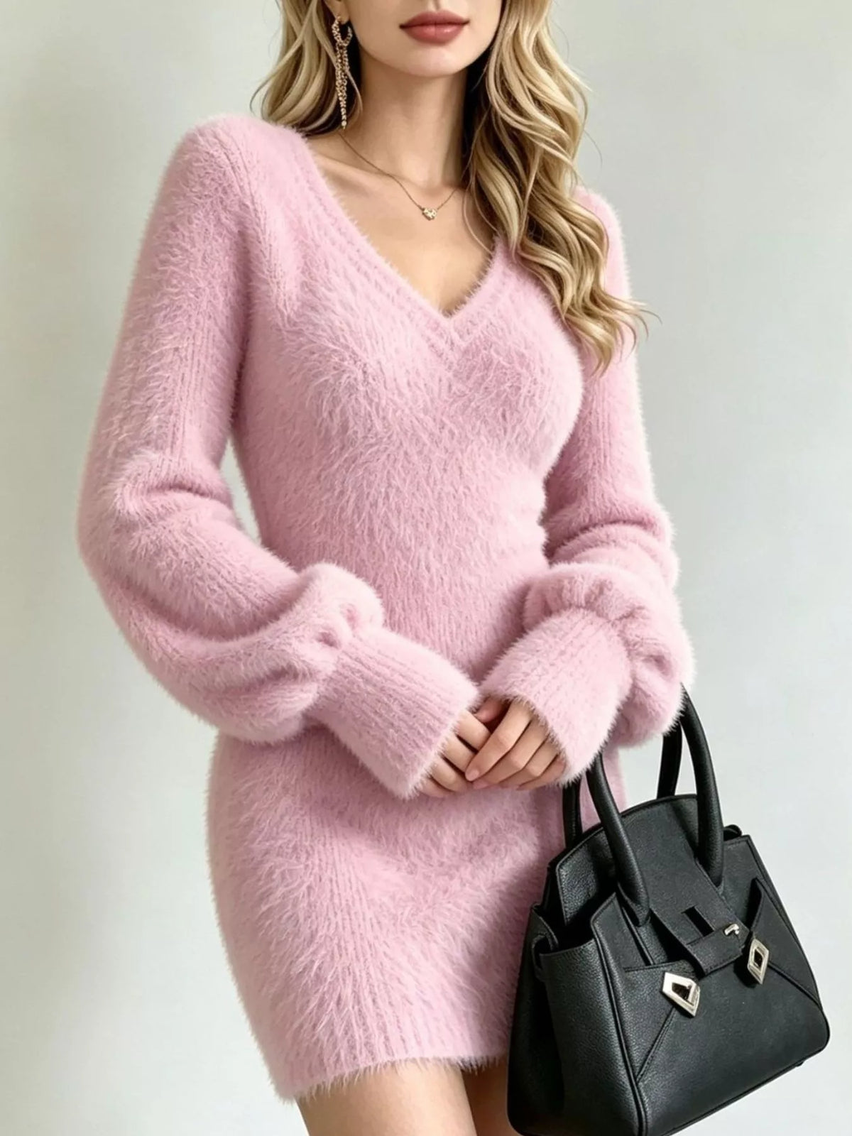 Fuzzy V-neck Long Sleeve Sweater Dress (3)