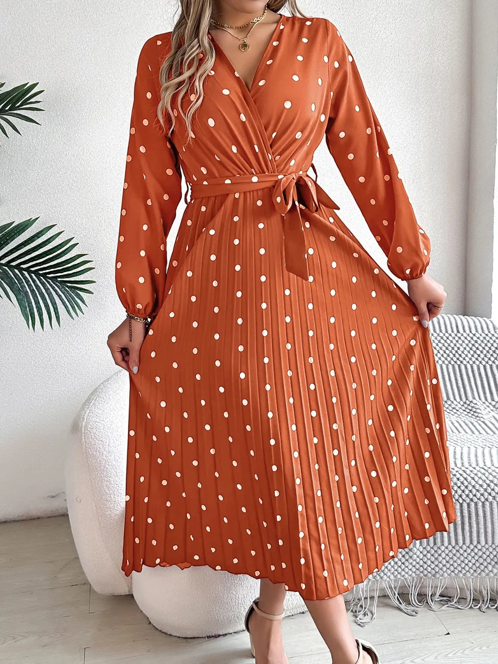 Tied Polka Dot Long Sleeve Midi Dress (7)