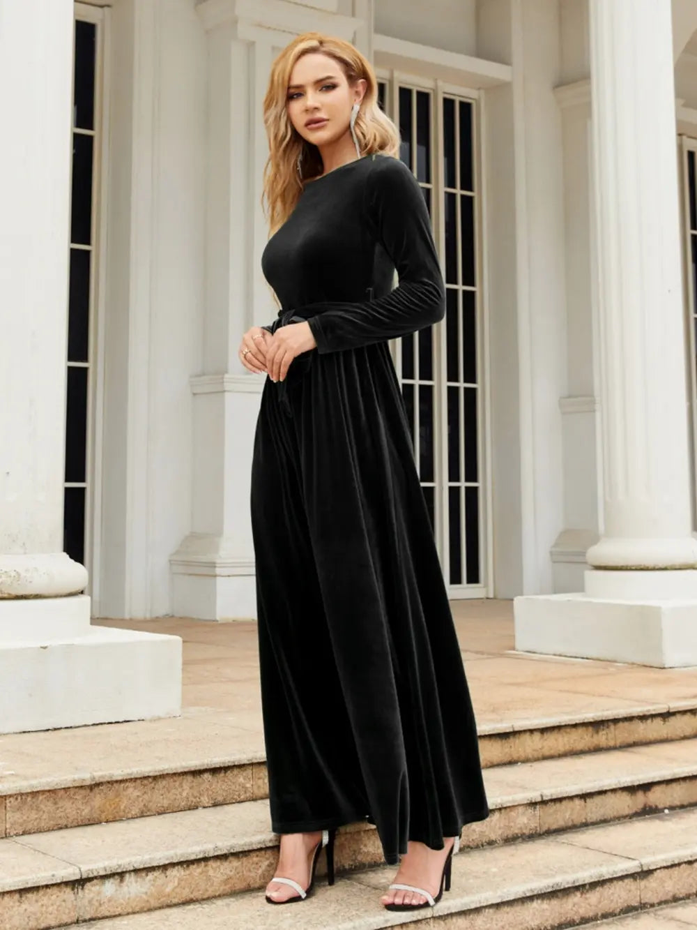 Tie Front Round Neck Long Sleeve Maxi Dress (19)