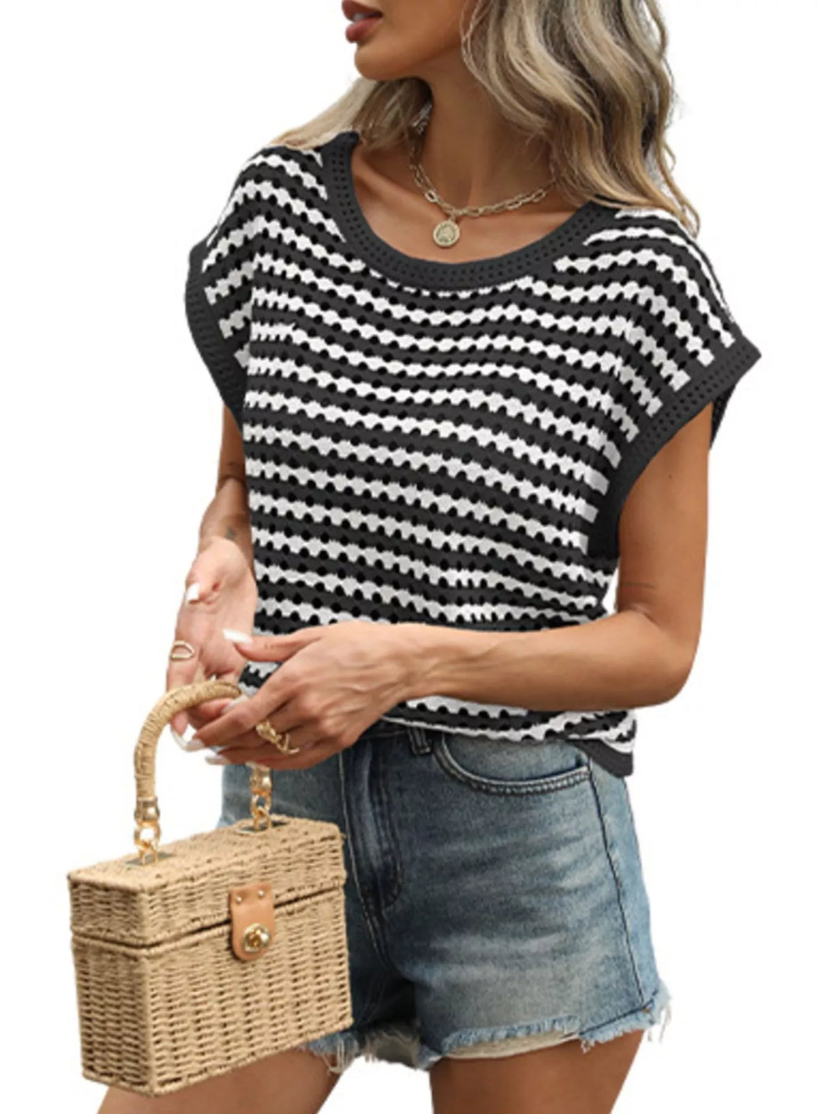 Striped Hollow Out Knit Top (7)
