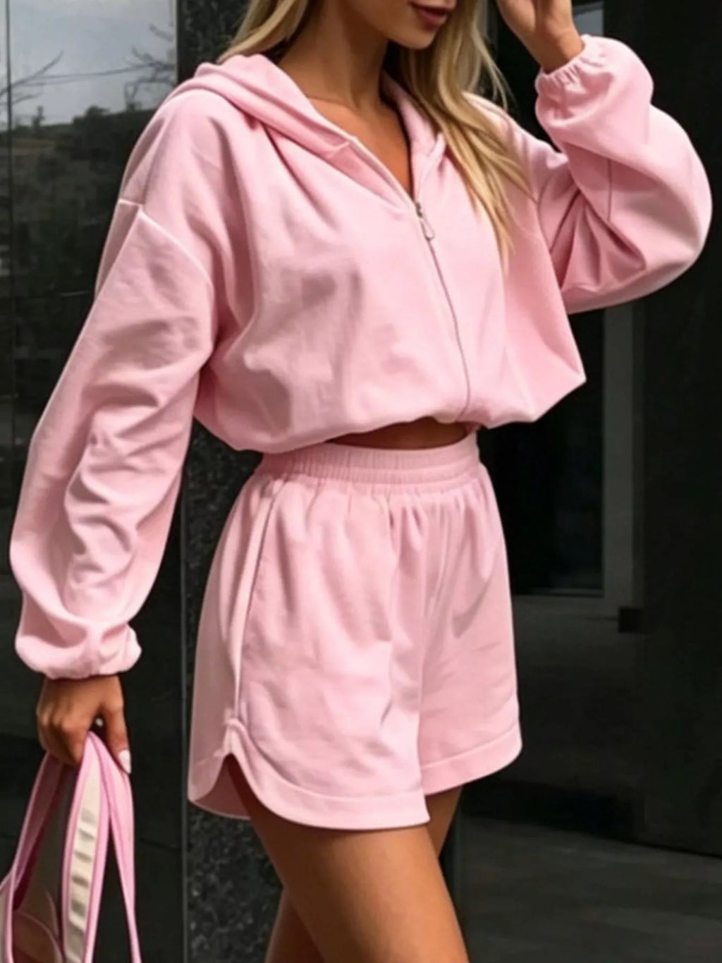 Zip Up Crop Hoodie Shorts Set (5)