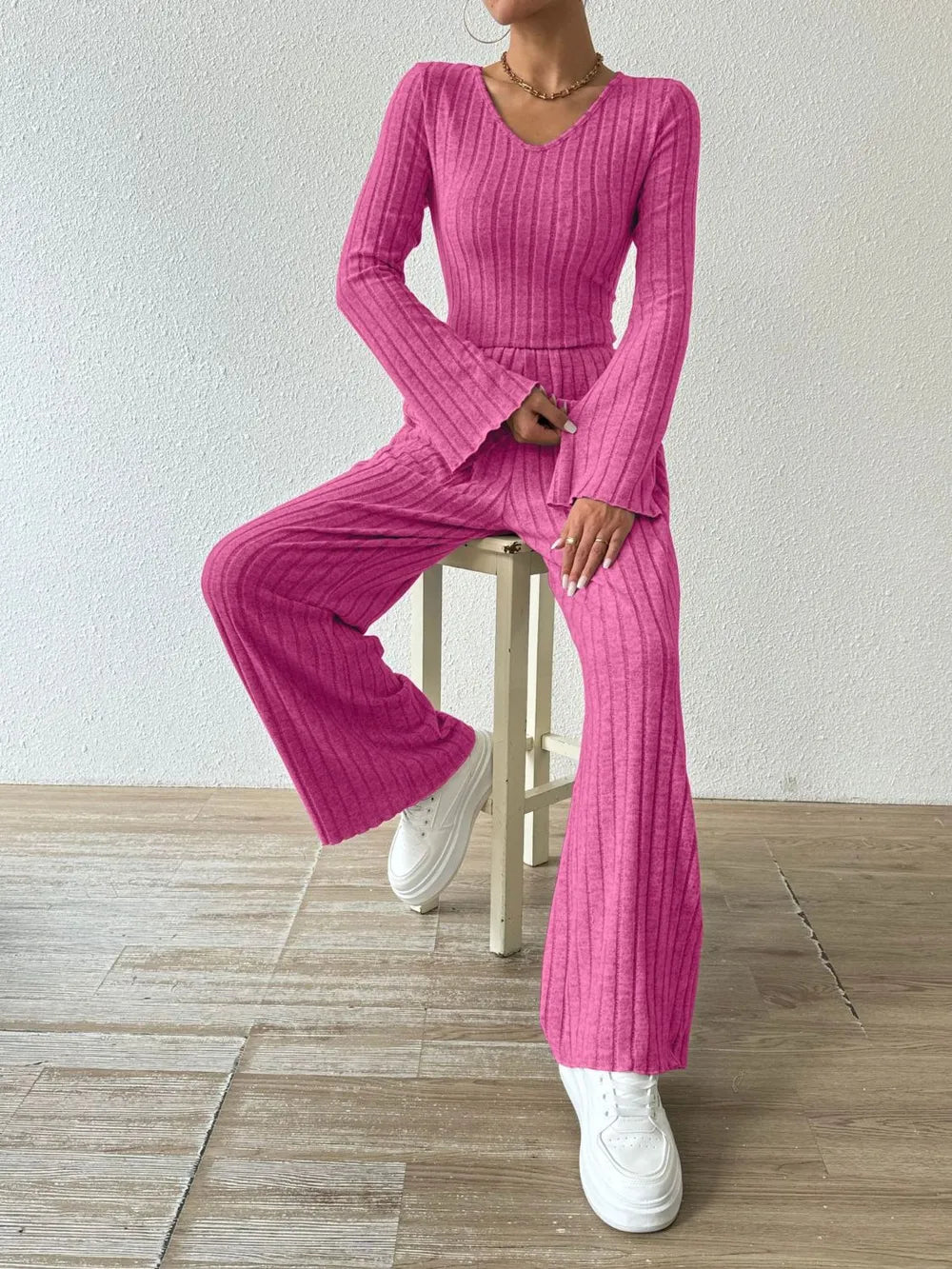 Ribbed V-neck Long Sleeve Top Pocketed Pants Set (18)
