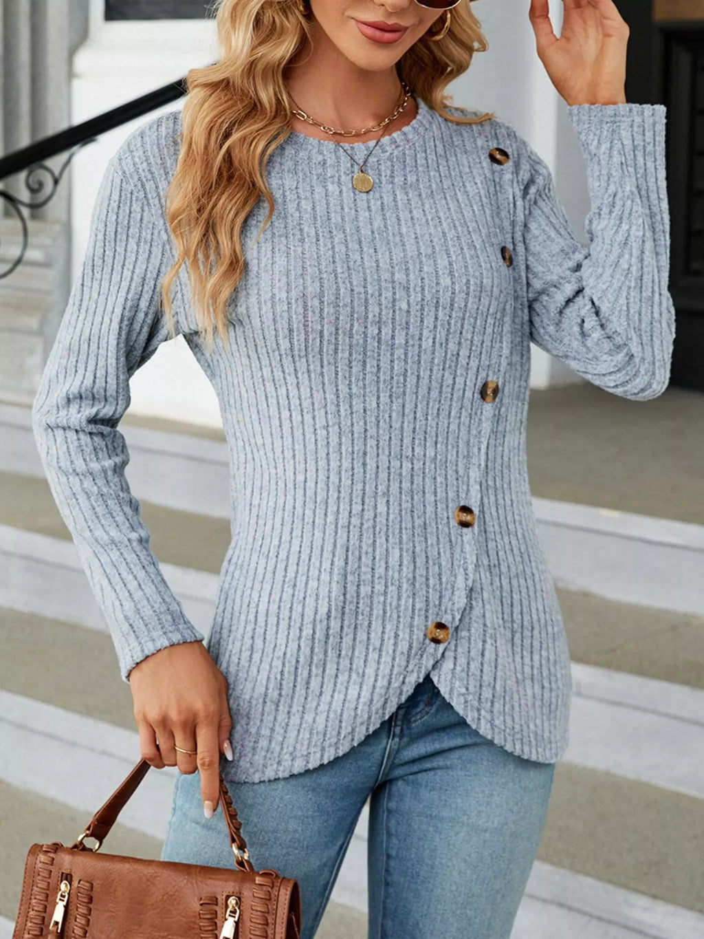 Ribbed Knit Decor Button T-shirt