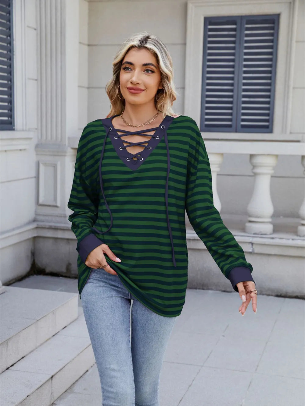 Lace-up Striped Long Sleeve T-shirt (19)