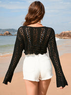 Drawstring Openwork Long Sleeve Cover-up (15)