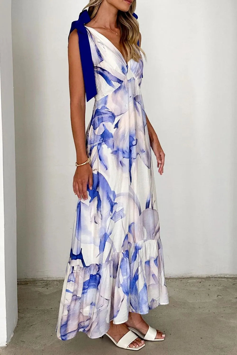 Printed V-neck Tie Shoulder Midi Cami Dress (25)