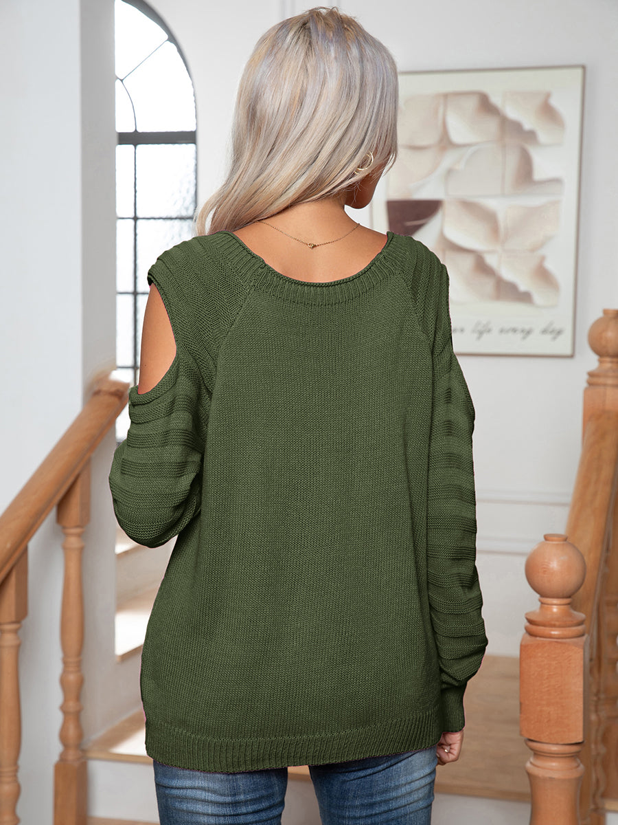 Decorative Button Cold-shoulder Sweater (12)