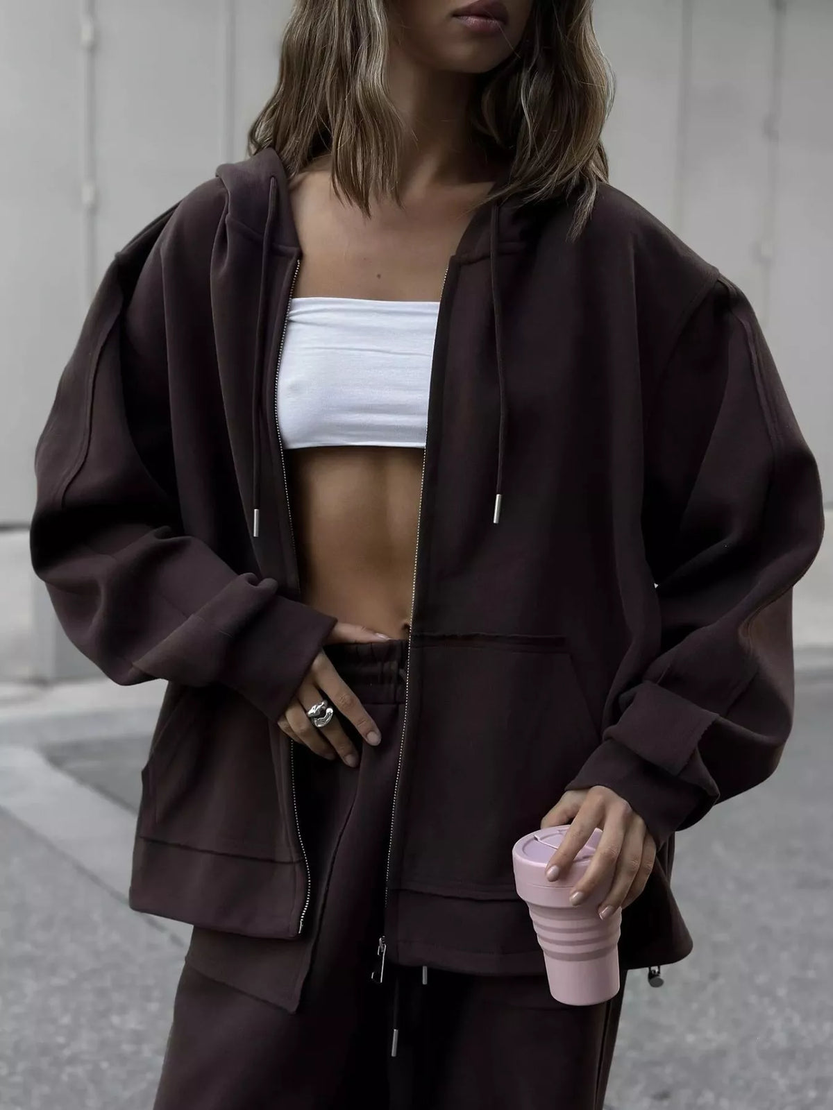 Oversized Zip-up Hoodie Wide-leg Pants Set (14)