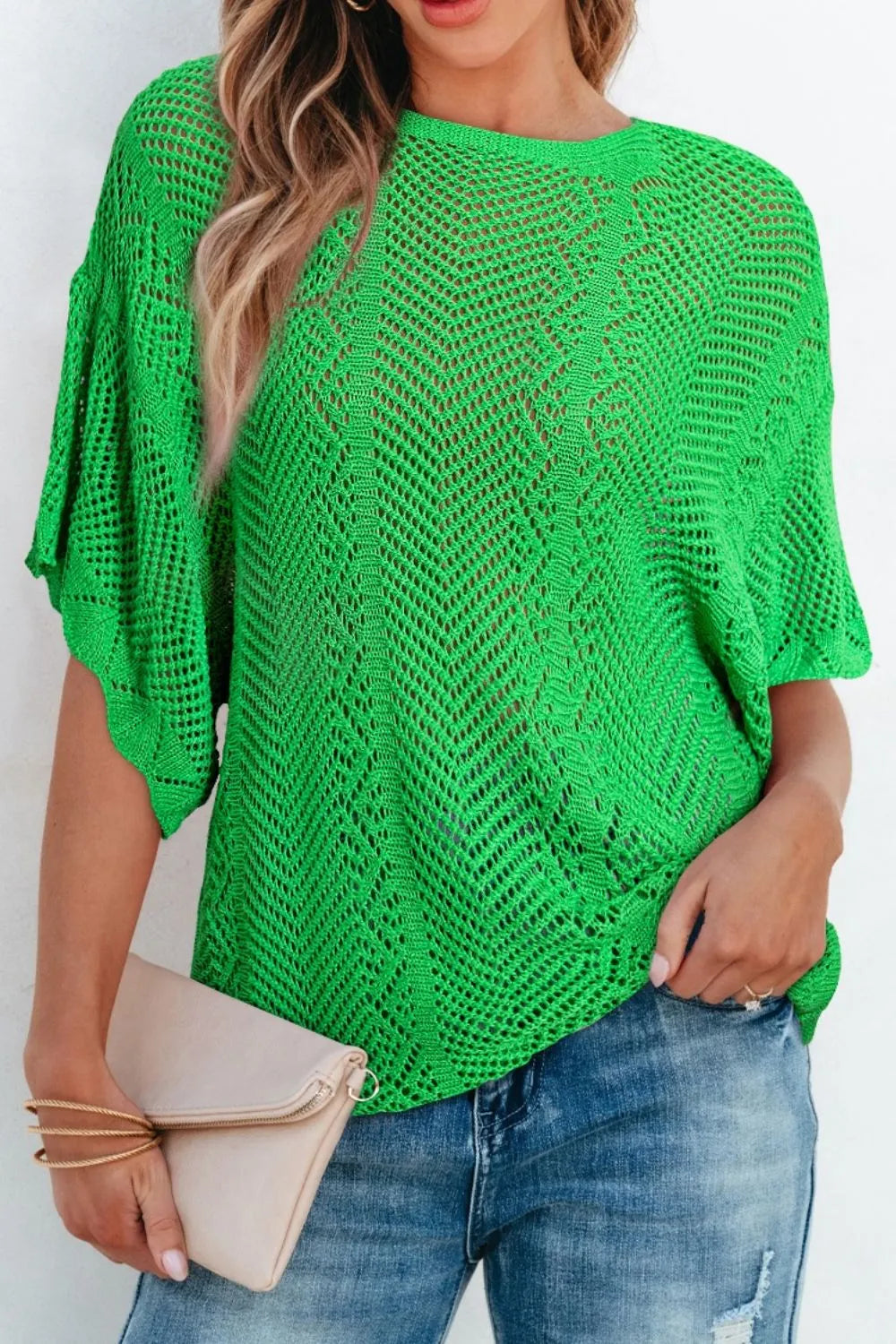 Scallop Edge Half Sleeve Pointelle Knit Top (13)