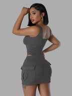 Ribbed Knit Bodysuit Drawstring Skirt Set (5)