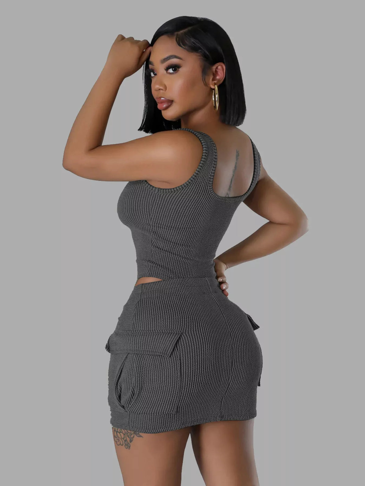 Ribbed Knit Bodysuit Drawstring Skirt Set (5)
