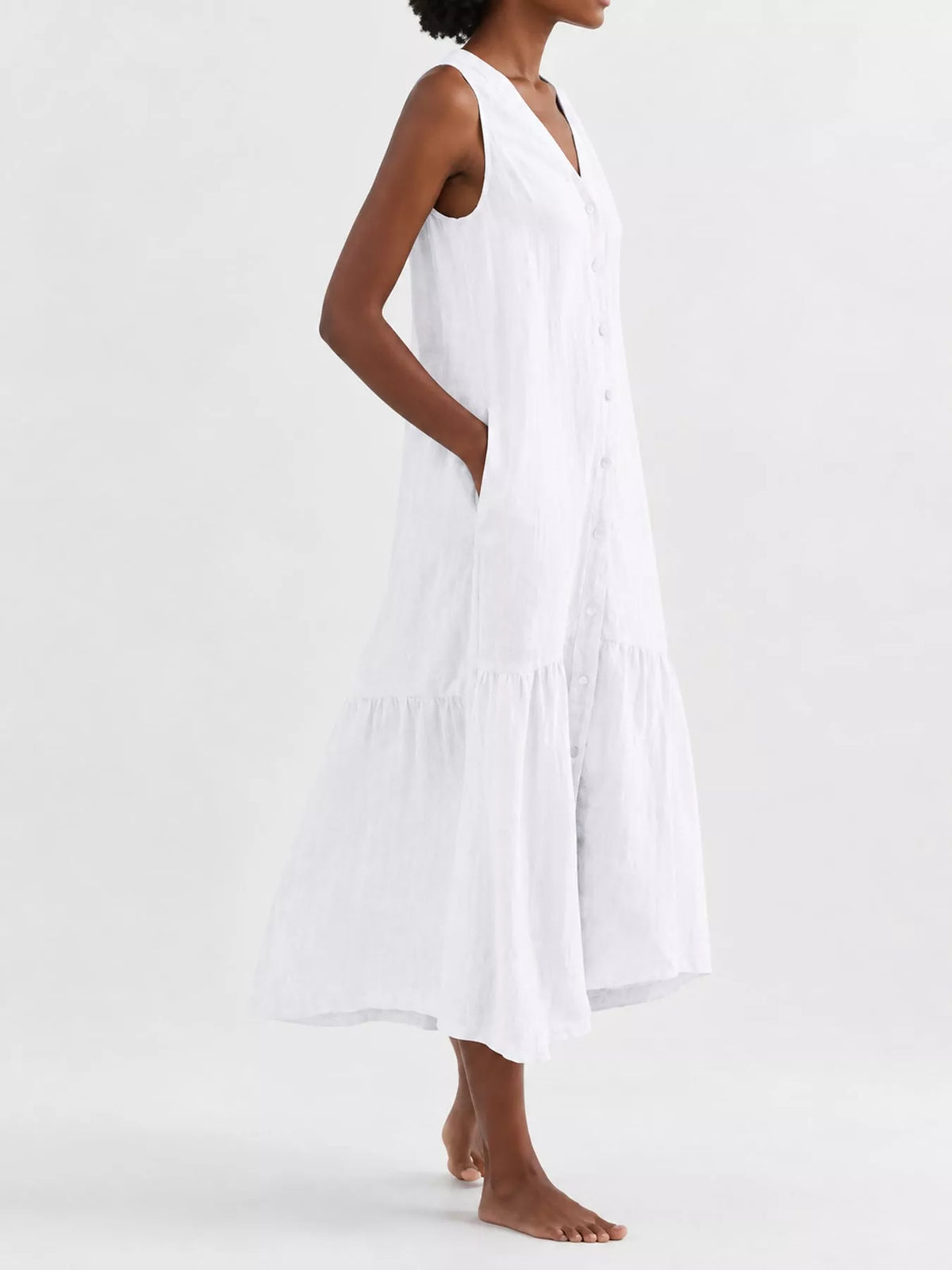 Full Size V-neck Button Front Sleeveless Midi Dress Plus (2)