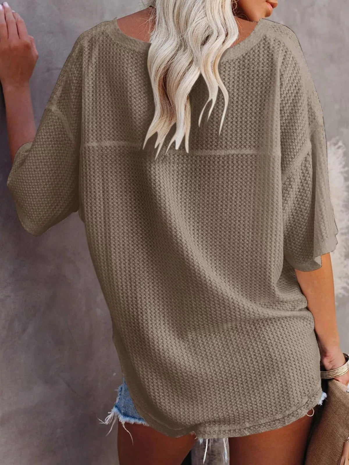 Waffle Knit V-neck Short Sleeve T-shirt (17)