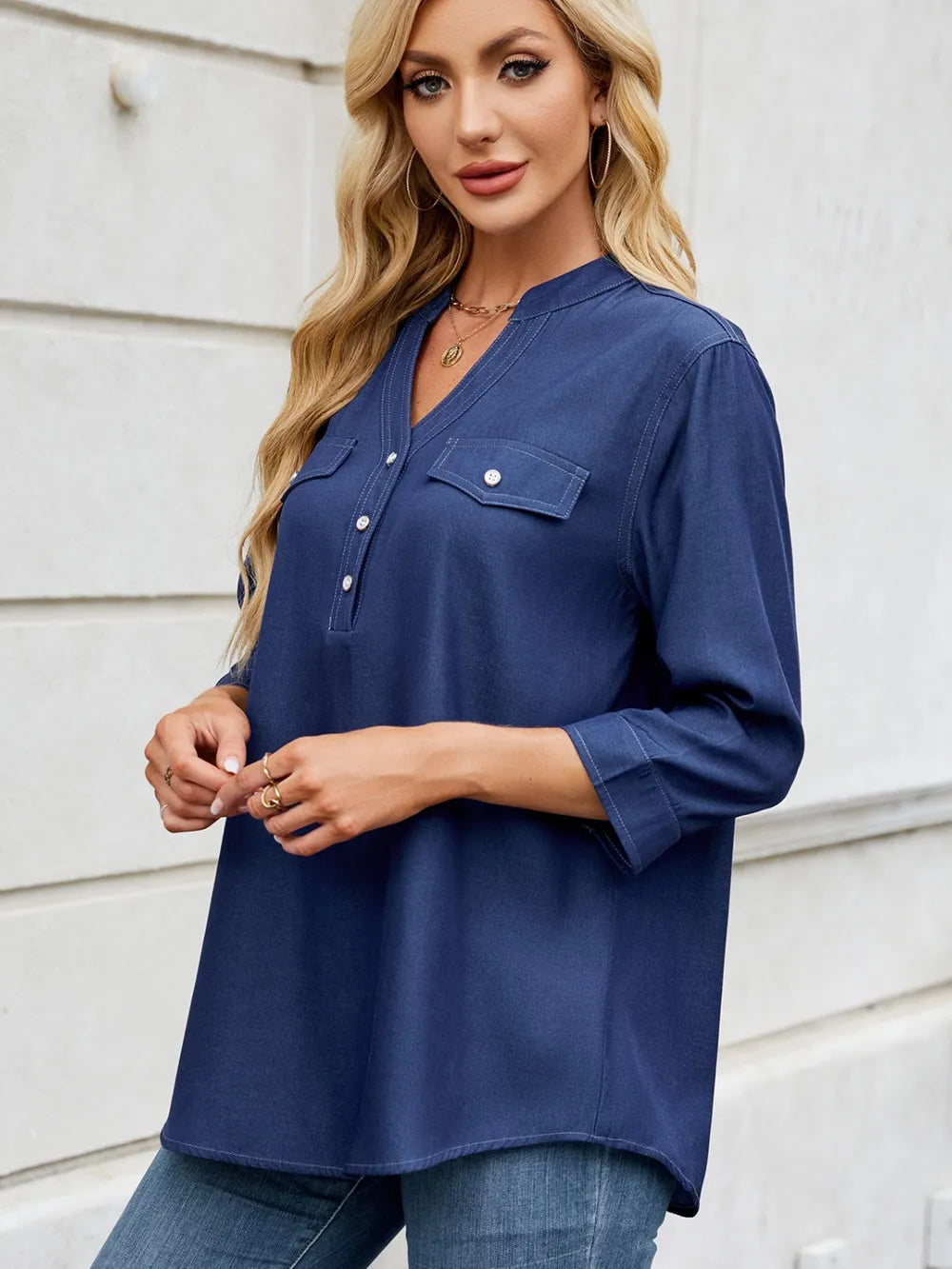 Notched Three-quarter Sleeve Denim Top (10)