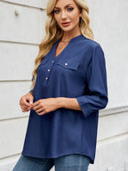 Notched Three-quarter Sleeve Denim Top (10)