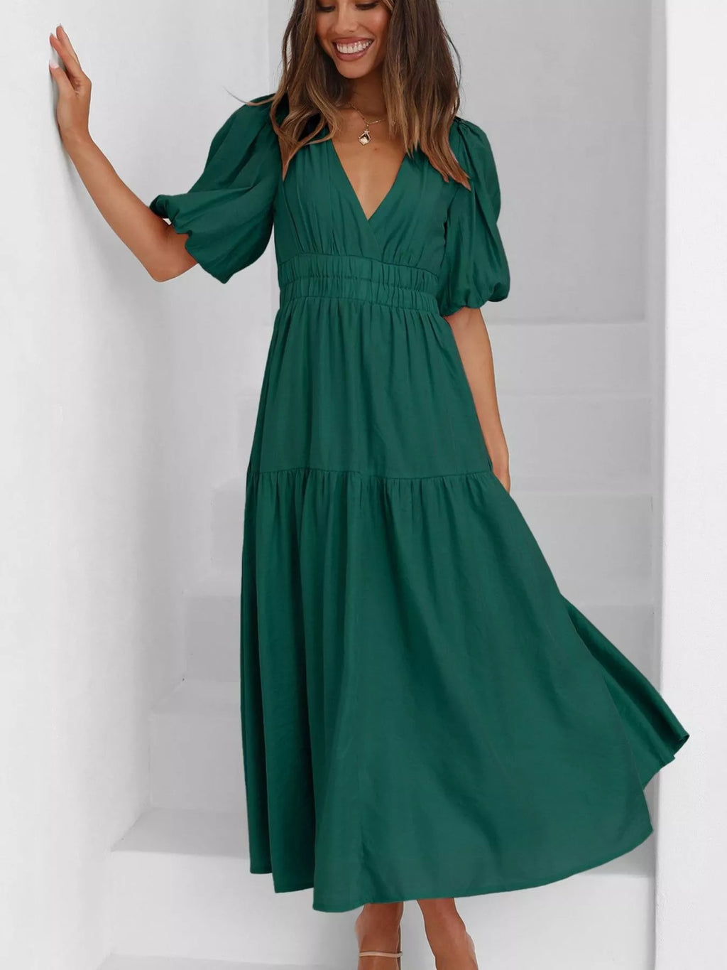 V-neck Puff Sleeve Midi Dress (25)