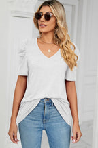 Heathered V-neck Puff Sleeve T-shirt (11)