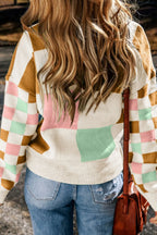 Checkered Round Neck Drop Shoulder Sweater (2)