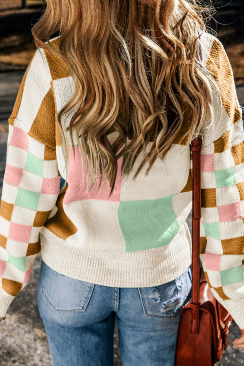 Checkered Round Neck Drop Shoulder Sweater (2)