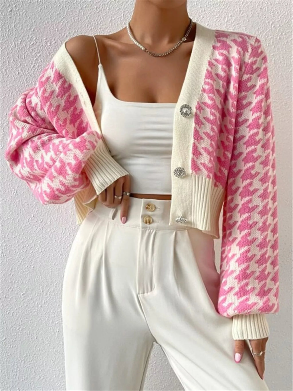 Houndstooth V-neck Button Up Cardigan (3)