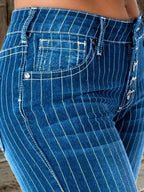 Striped Button Fly Flare Jeans (3)