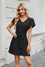 Tied Button Up Short Sleeve Mini Shirt Dress (15)