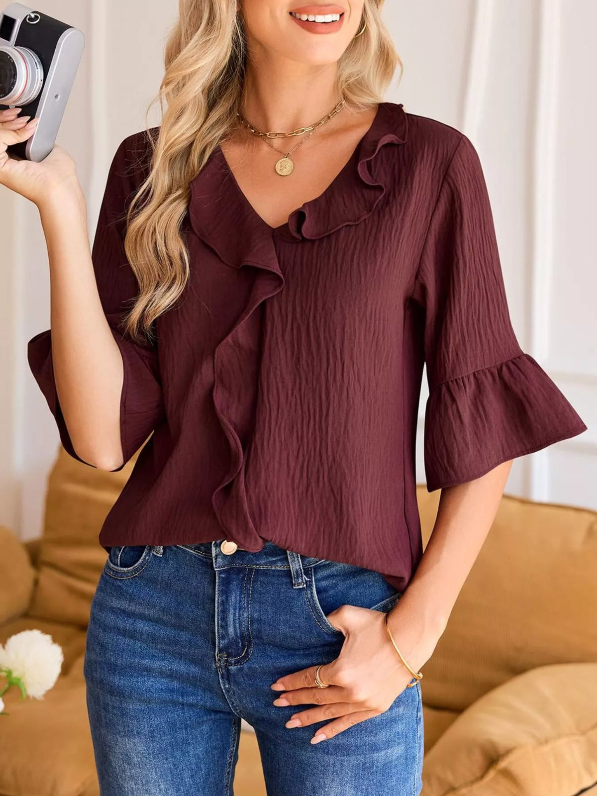 Ruffle Trim V-neck Blouse (27)