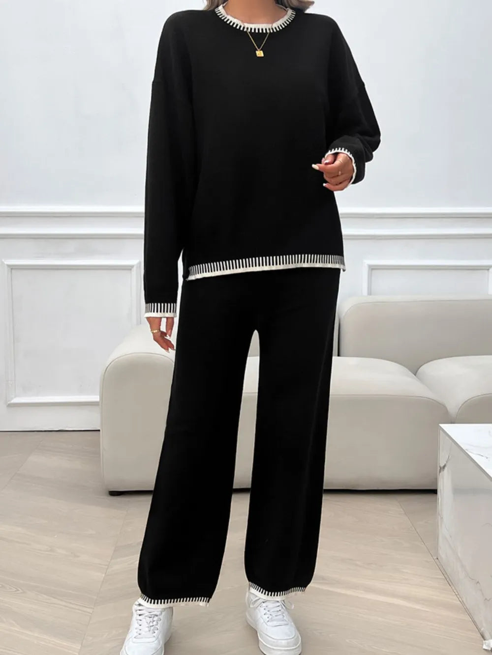 Round Neck Dropped Shoulder Top Pants Sweater Set (22)
