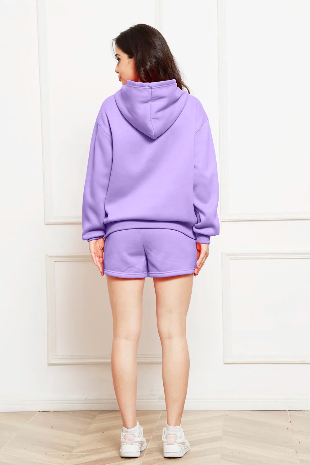 Drop Shoulder Long Sleeve Hoodie Shorts Set (24)