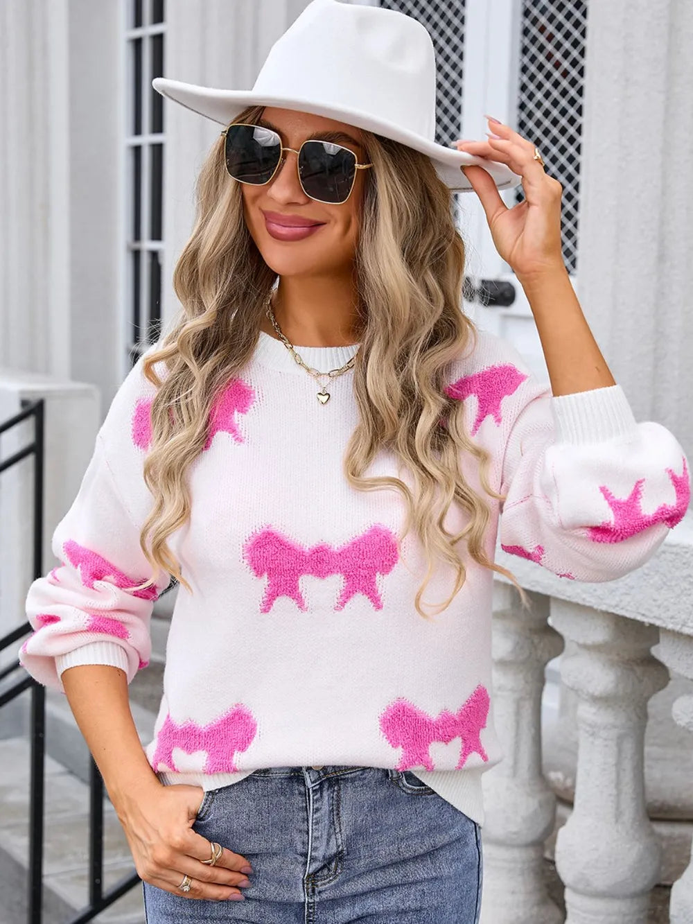 Bow Round Neck Dropped Shoulder Sweater (12)