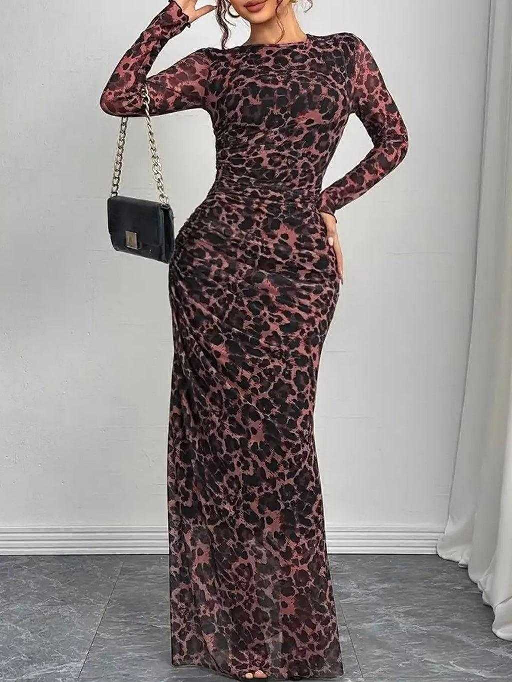 Leopard Ruched Bodycon Maxi Dress (10)