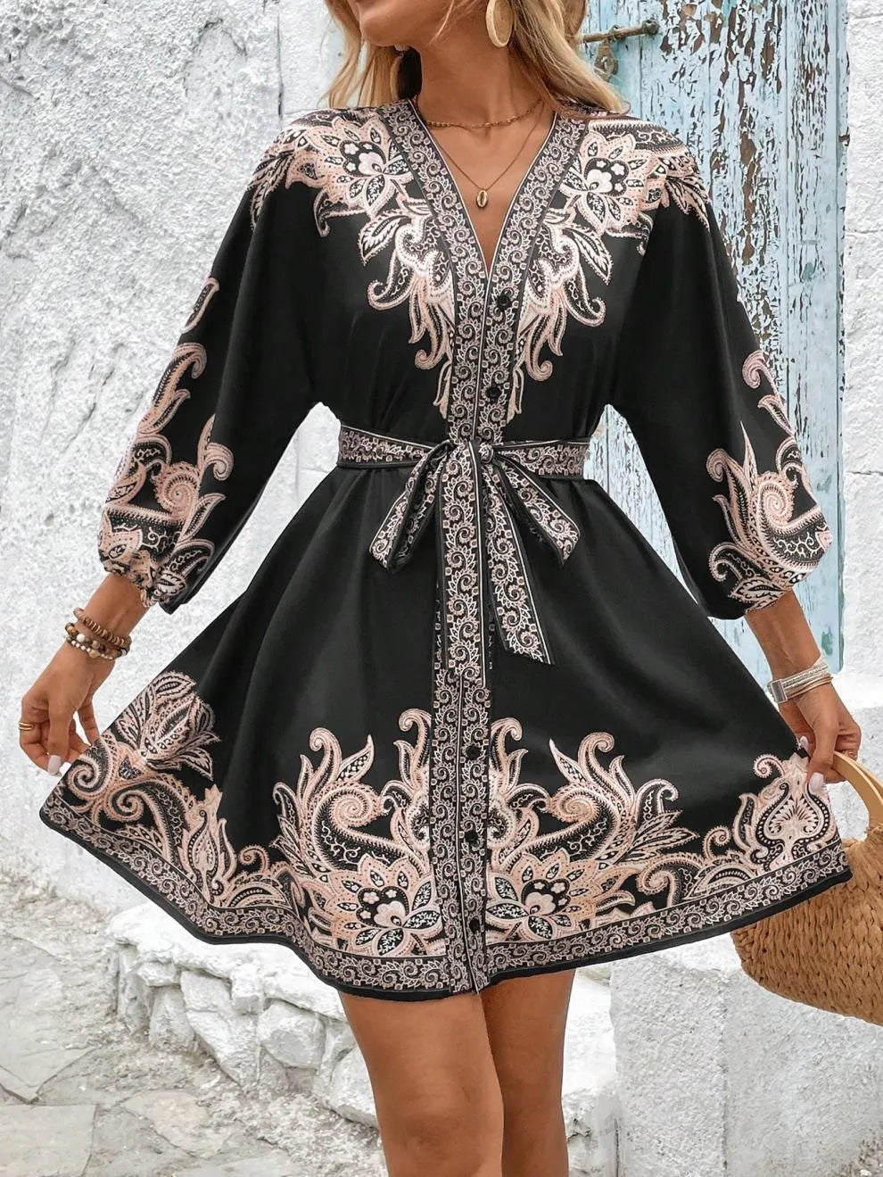 Paisley V-neck 3/4 Sleeve Mini Dress (16)