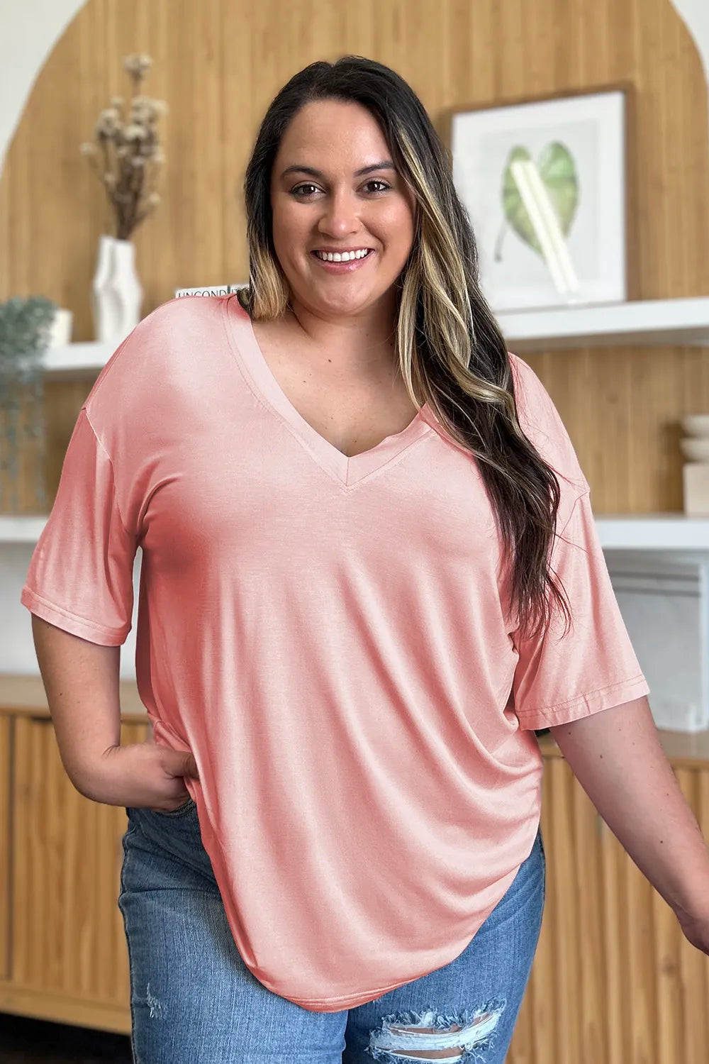 Full Size Bamboo V-neck Drop Shoulder T-shirt (7)